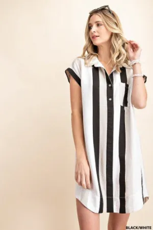 Black   White Stripe Collared Tunic Shirt Dress