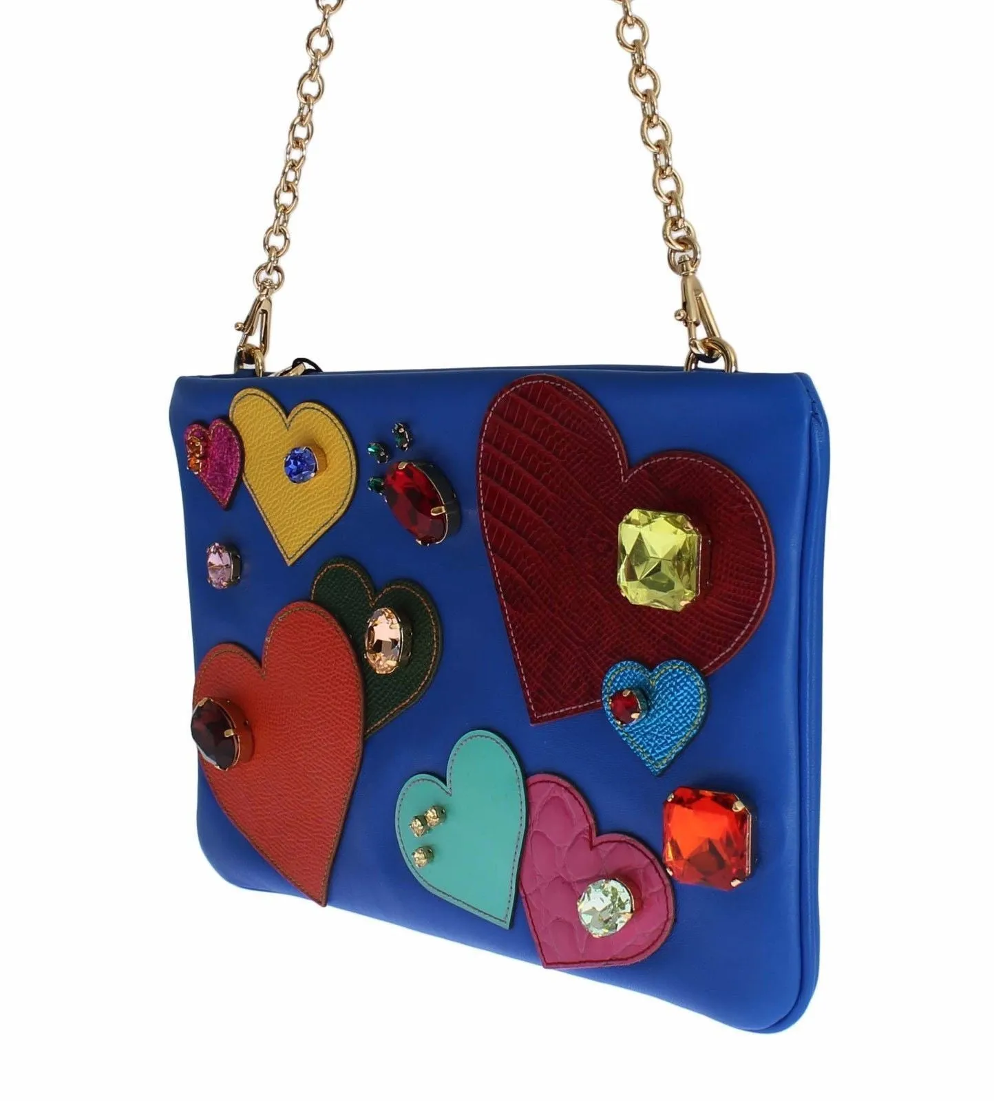 Blue Leather Multicolor Heart Crystal Clutch