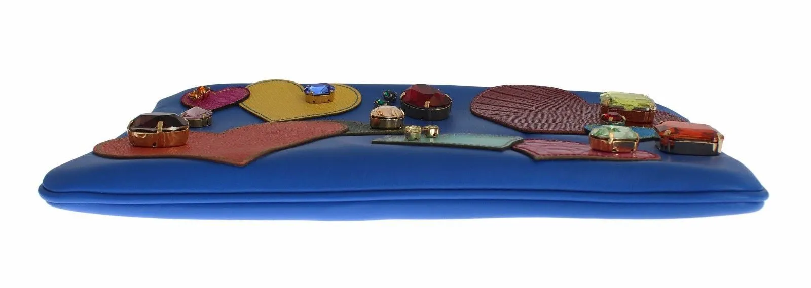 Blue Leather Multicolor Heart Crystal Clutch