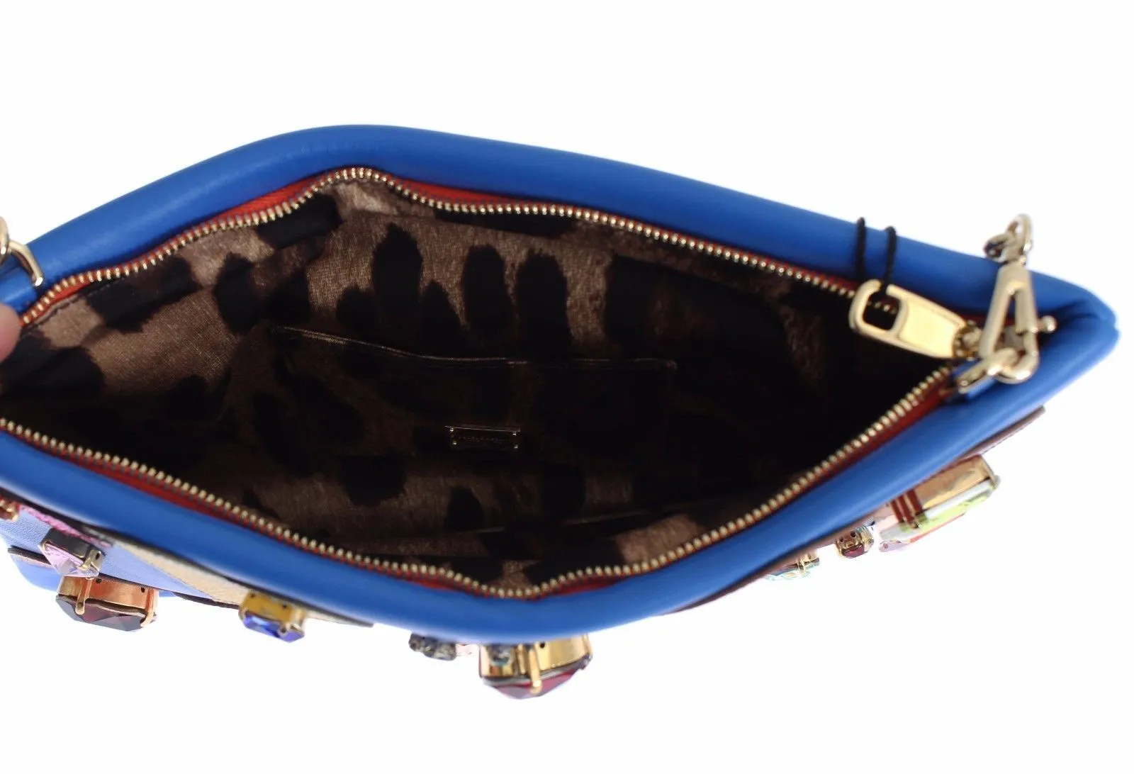 Blue Leather Multicolor Heart Crystal Clutch