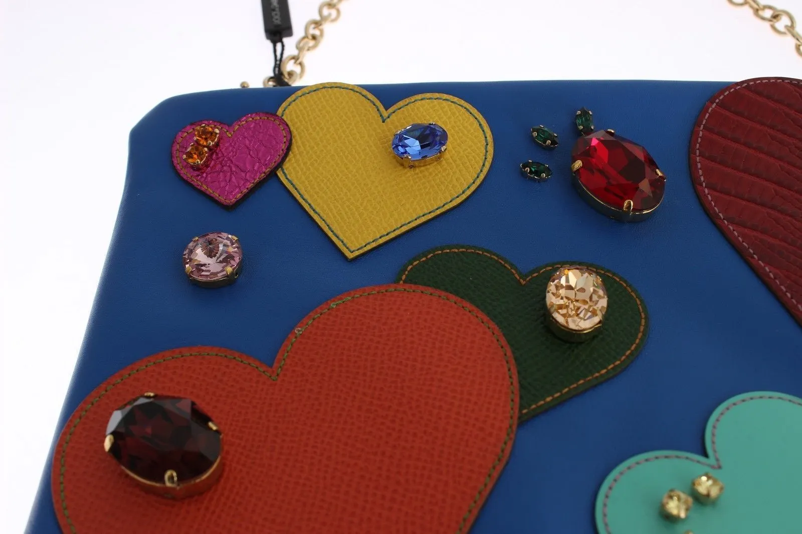 Blue Leather Multicolor Heart Crystal Clutch