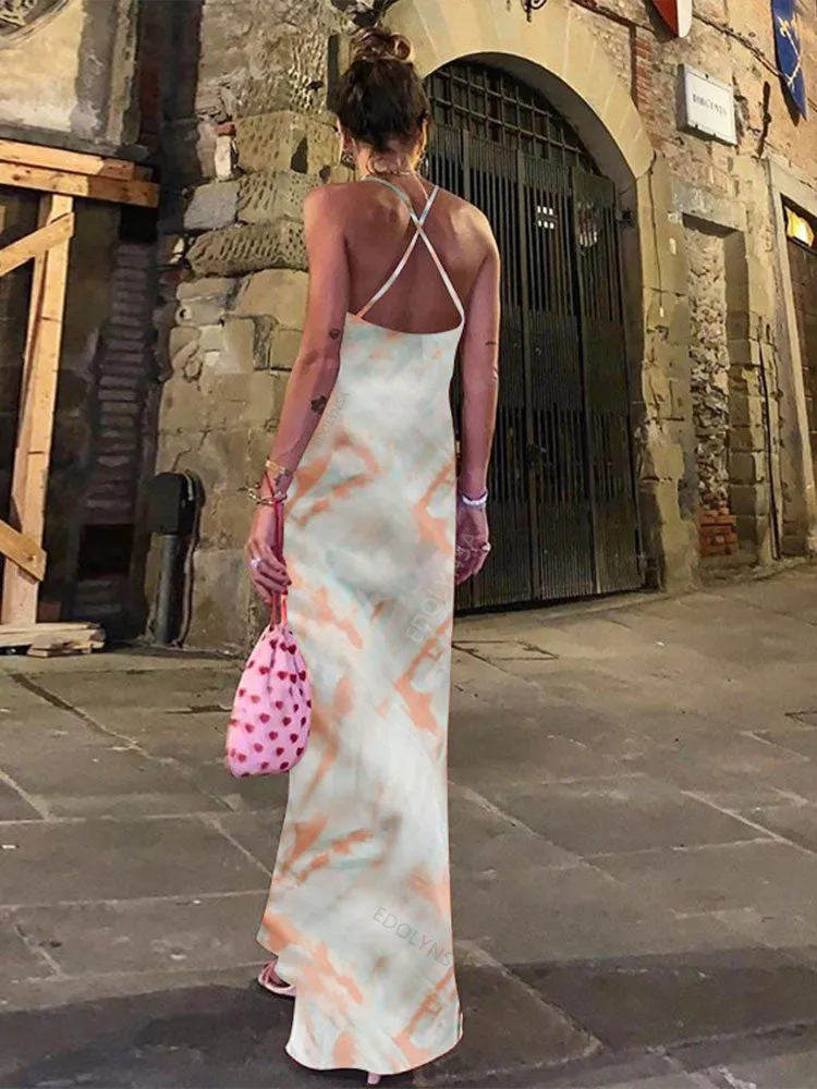 Boho Printed Maxi Dress Sundress Beach Wear Spaghetti Strap Dress