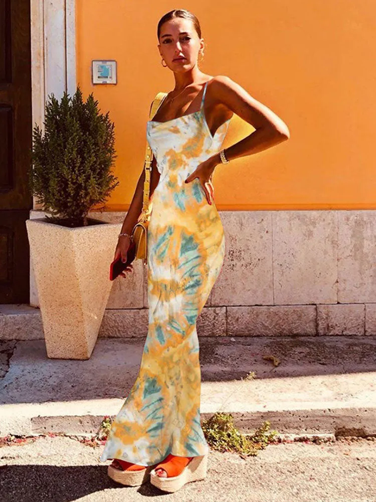 Boho Printed Maxi Dress Sundress Beach Wear Spaghetti Strap Dress