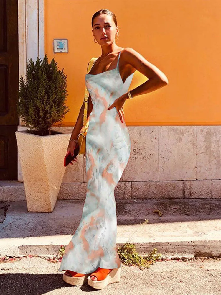 Boho Printed Maxi Dress Sundress Beach Wear Spaghetti Strap Dress