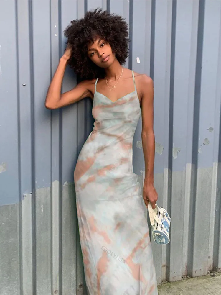 Boho Printed Maxi Dress Sundress Beach Wear Spaghetti Strap Dress