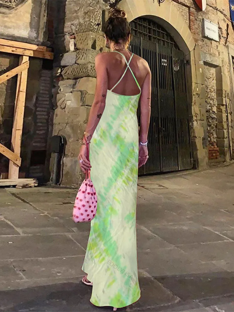 Boho Printed Maxi Dress Sundress Beach Wear Spaghetti Strap Dress