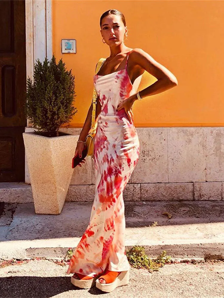 Boho Printed Maxi Dress Sundress Beach Wear Spaghetti Strap Dress