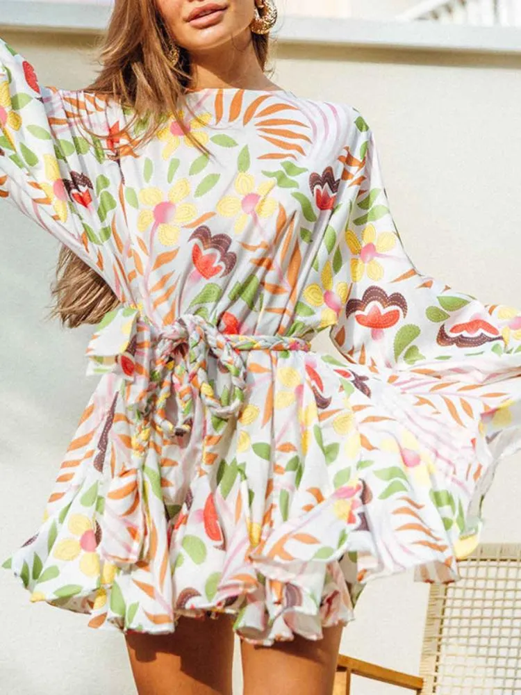 Brenda® | Printed tunic mini dress with round collar and belt