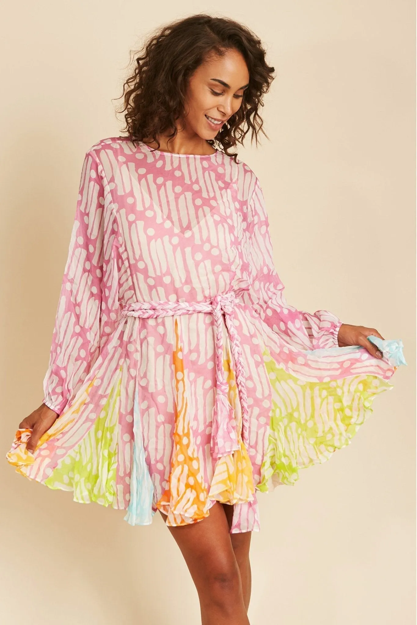 Brenda® | Printed tunic mini dress with round collar and belt