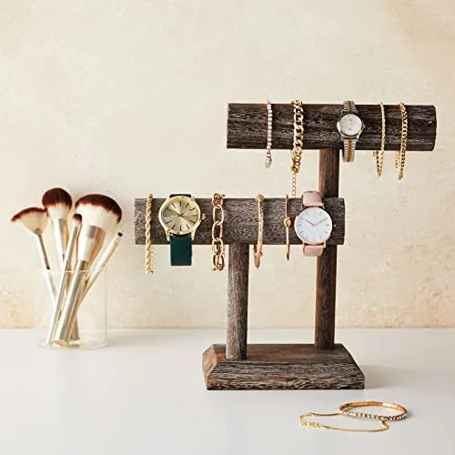 Bright Creations Rustic-Style 2-Tier Jewelry Organizer Stand, Wooden T-Bar Necklace Rack and Bracelet Holder Display for Selling, Bangle, Watch