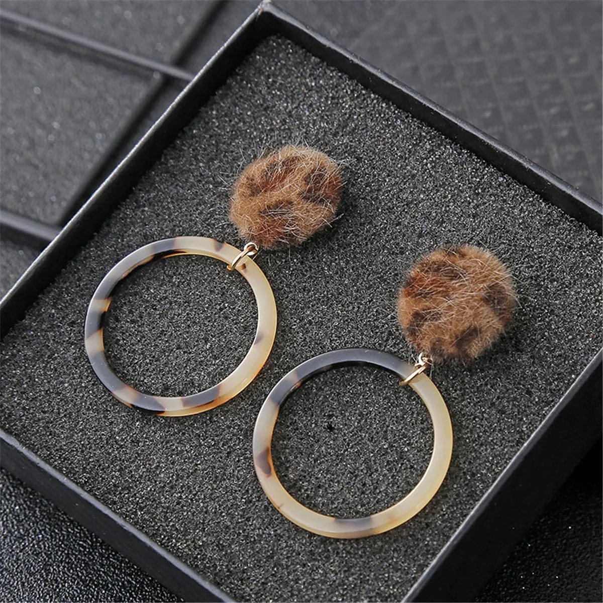 Brown Leopard Pom-Pom Drop Earrings
