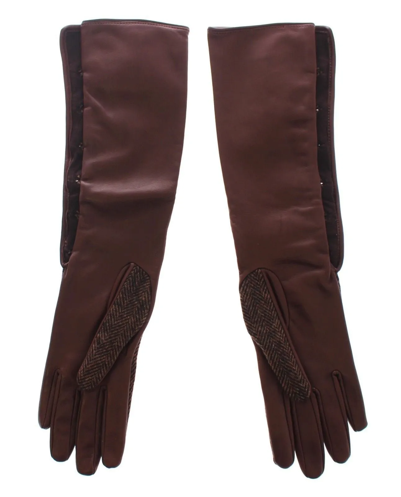 Brown Wool Lambskin Leather Elbow Gloves
