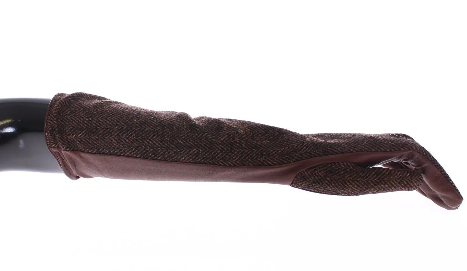 Brown Wool Lambskin Leather Elbow Gloves