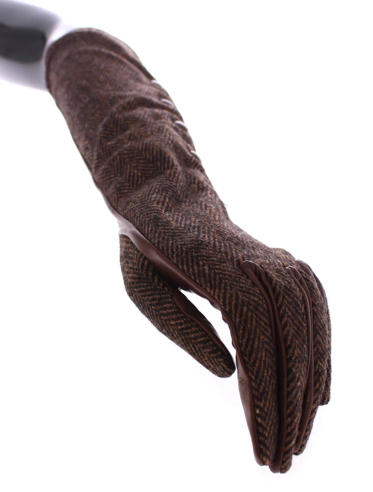 Brown Wool Lambskin Leather Elbow Gloves