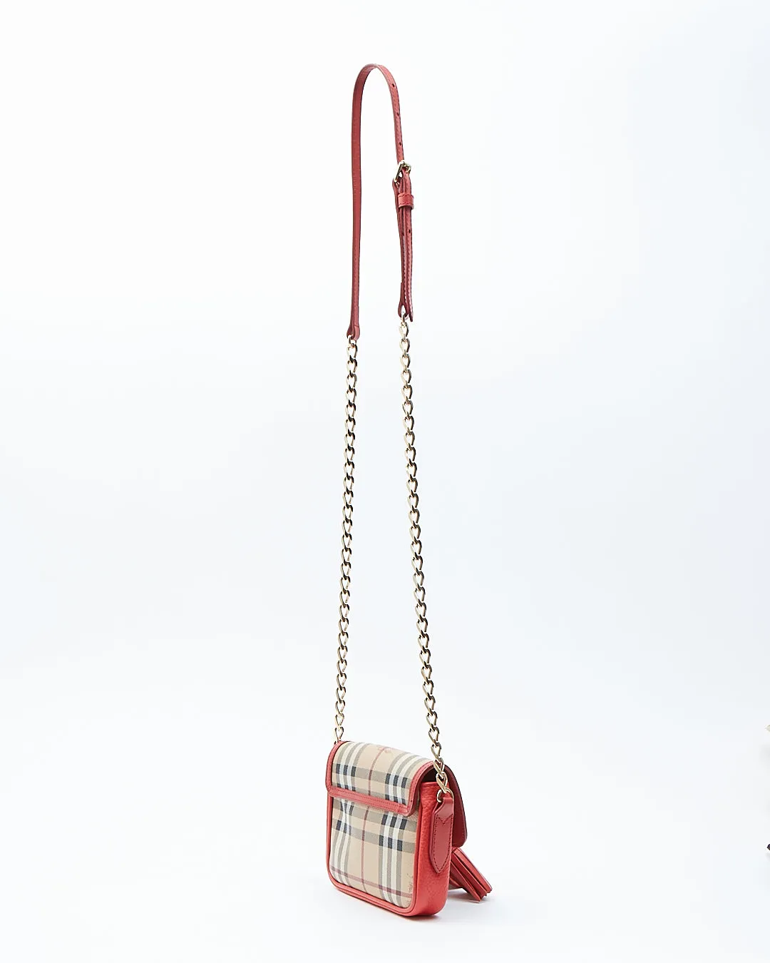 Burberry Red/Coral Leather & Coated Canvas Nova Check Small Crossbody Bag
