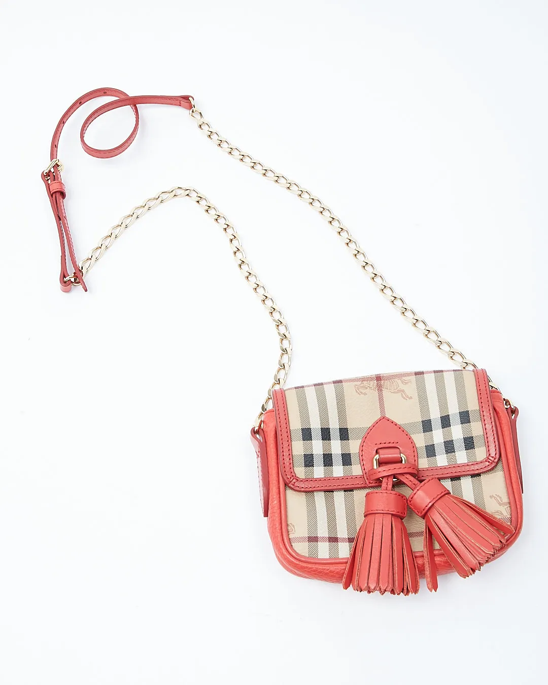 Burberry Red/Coral Leather & Coated Canvas Nova Check Small Crossbody Bag