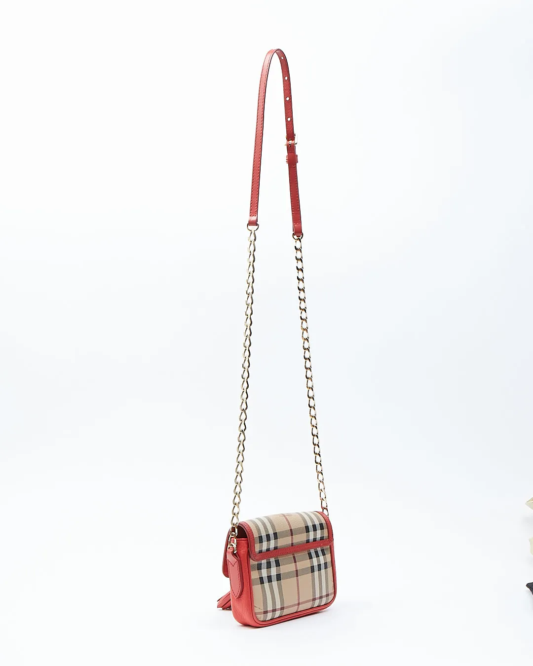 Burberry Red/Coral Leather & Coated Canvas Nova Check Small Crossbody Bag