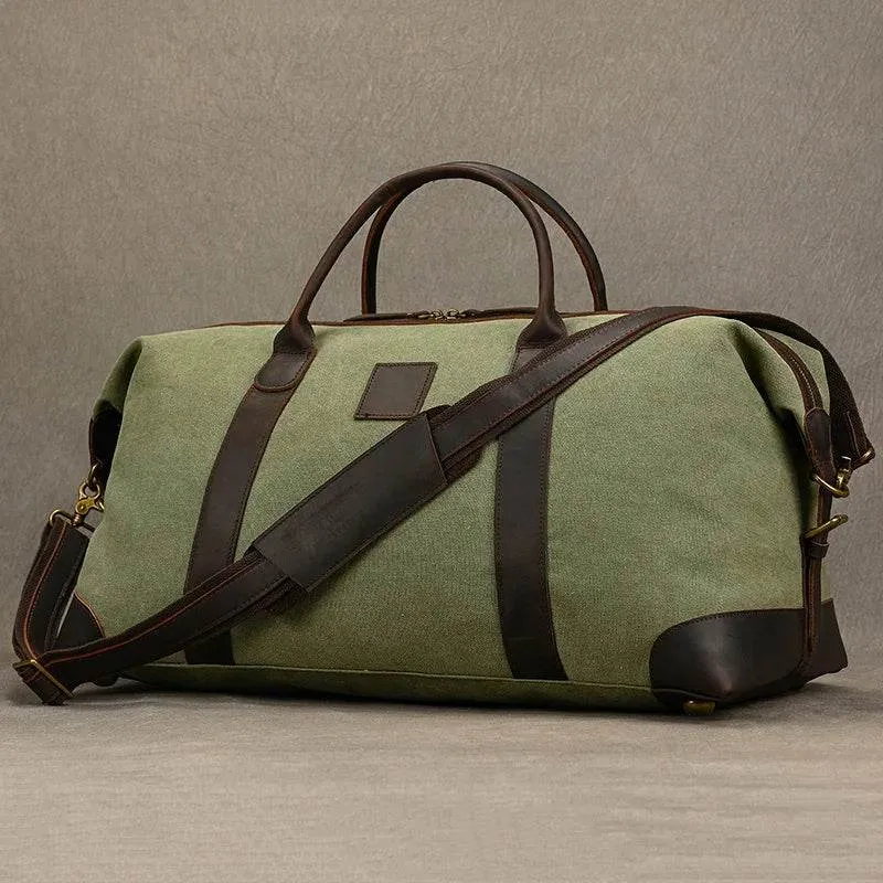 Canvas & Leather Travel Bag for Men Large Shoulder Weekender Bag