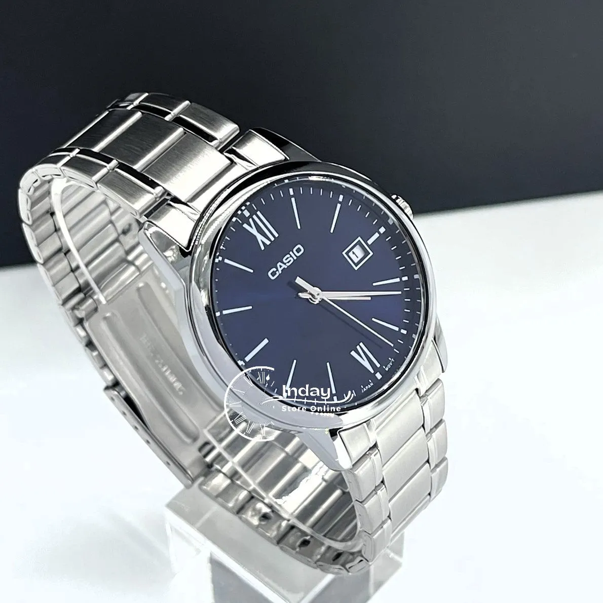 Casio Standard Men's Watch MTP-V002D-2B3 Analog Stainless Steel Band Triple-fold Clasp Mineral Glass