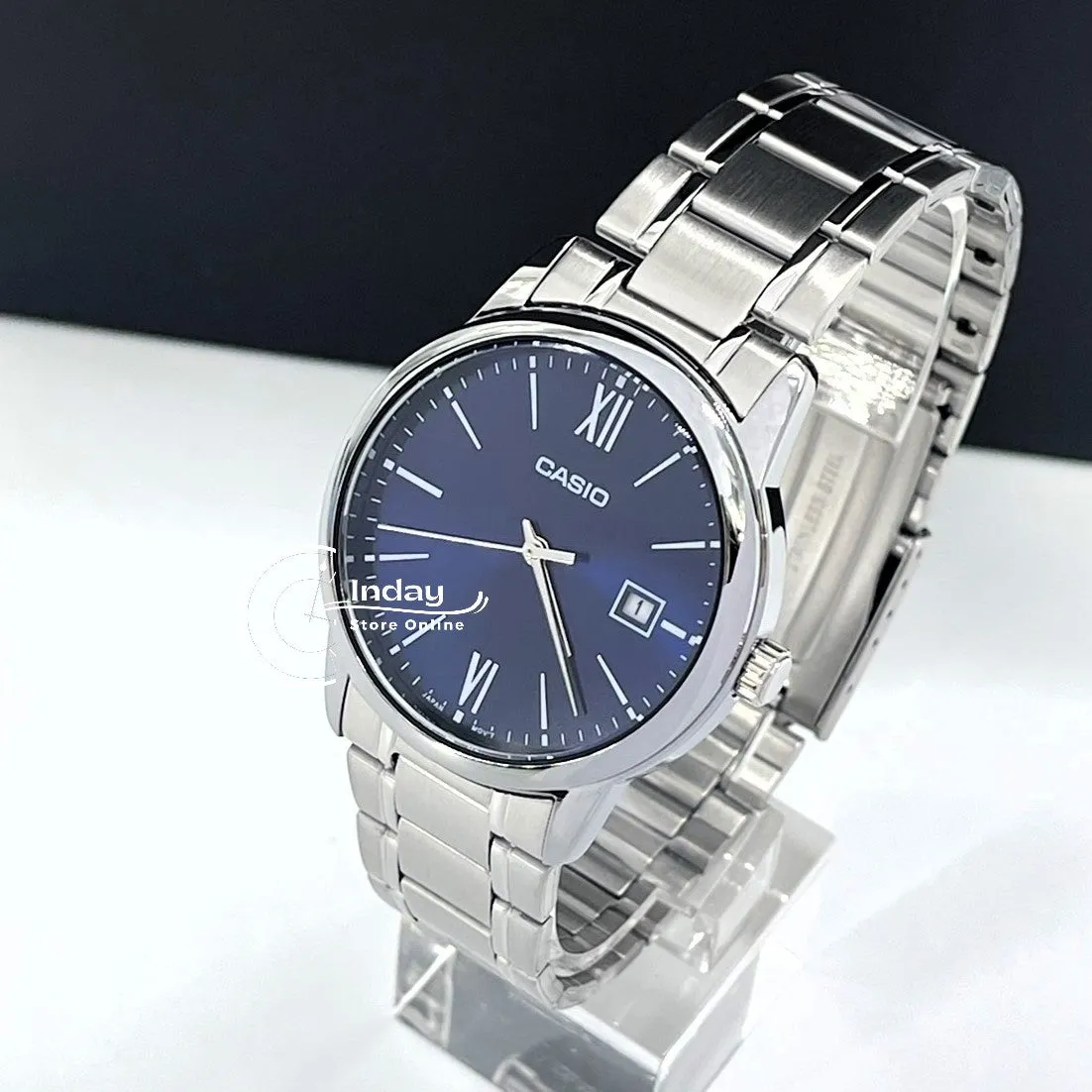 Casio Standard Men's Watch MTP-V002D-2B3 Analog Stainless Steel Band Triple-fold Clasp Mineral Glass
