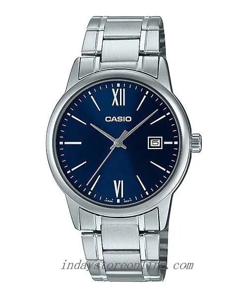 Casio Standard Men's Watch MTP-V002D-2B3 Analog Stainless Steel Band Triple-fold Clasp Mineral Glass