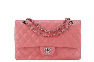 CHANEL FLAP MEDIUM (1632xxxx) PINK LAMBSKIN LEATHER SILVER HARDWARE WITH CARD, DUST COVER AND BOX