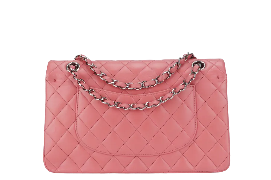 CHANEL FLAP MEDIUM (1632xxxx) PINK LAMBSKIN LEATHER SILVER HARDWARE WITH CARD, DUST COVER AND BOX