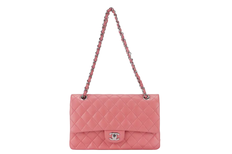 CHANEL FLAP MEDIUM (1632xxxx) PINK LAMBSKIN LEATHER SILVER HARDWARE WITH CARD, DUST COVER AND BOX