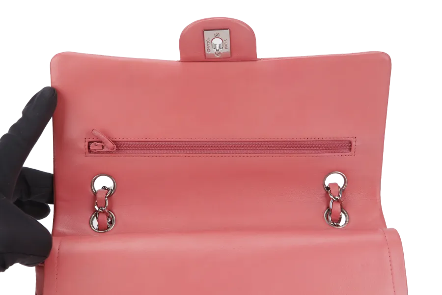 CHANEL FLAP MEDIUM (1632xxxx) PINK LAMBSKIN LEATHER SILVER HARDWARE WITH CARD, DUST COVER AND BOX