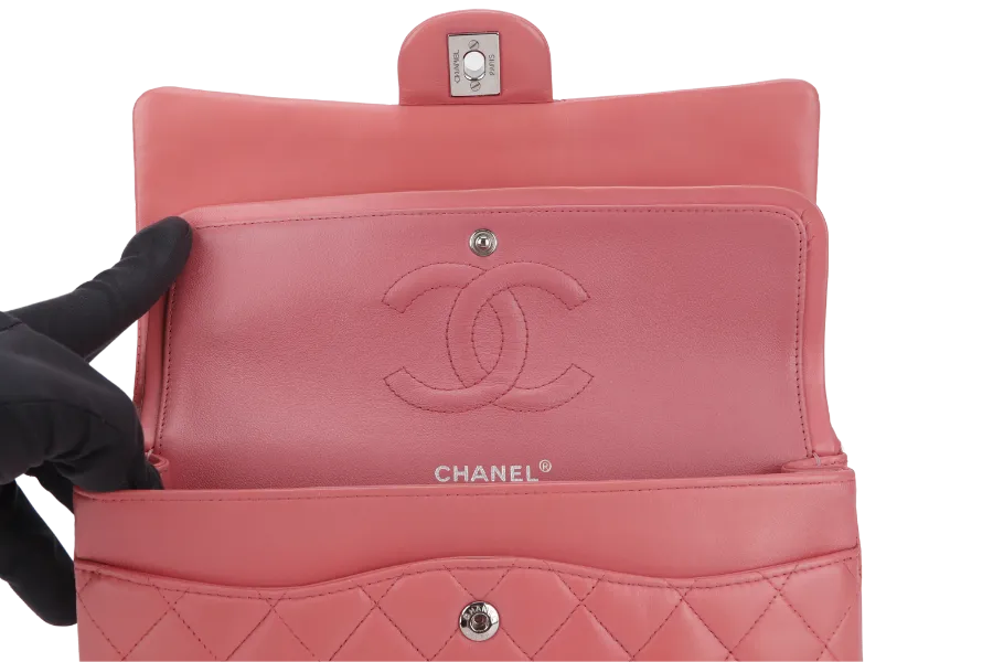 CHANEL FLAP MEDIUM (1632xxxx) PINK LAMBSKIN LEATHER SILVER HARDWARE WITH CARD, DUST COVER AND BOX