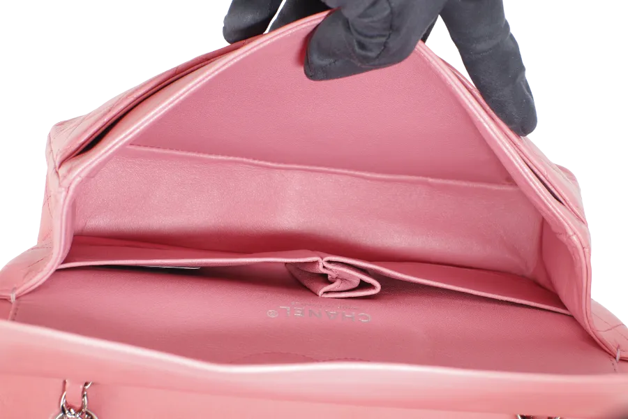 CHANEL FLAP MEDIUM (1632xxxx) PINK LAMBSKIN LEATHER SILVER HARDWARE WITH CARD, DUST COVER AND BOX
