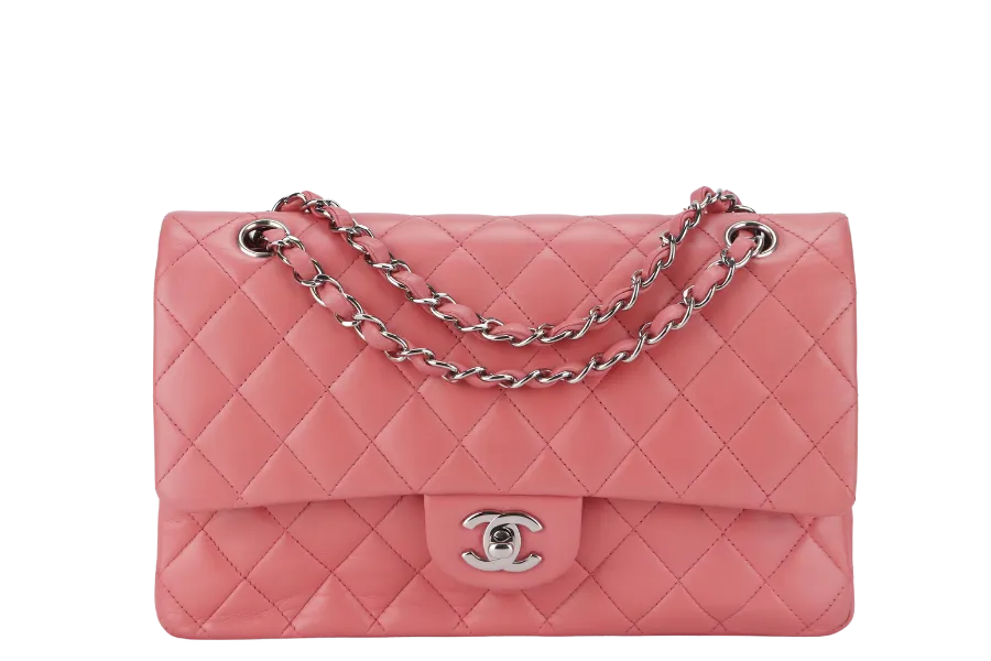 CHANEL FLAP MEDIUM (1632xxxx) PINK LAMBSKIN LEATHER SILVER HARDWARE WITH CARD, DUST COVER AND BOX