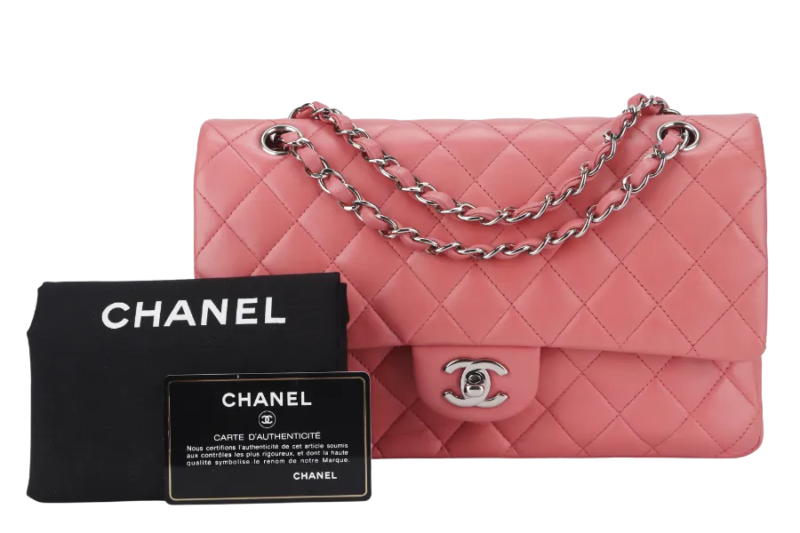 CHANEL FLAP MEDIUM (1632xxxx) PINK LAMBSKIN LEATHER SILVER HARDWARE WITH CARD, DUST COVER AND BOX