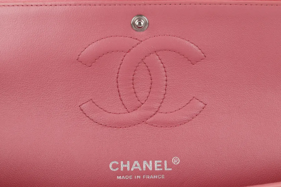 CHANEL FLAP MEDIUM (1632xxxx) PINK LAMBSKIN LEATHER SILVER HARDWARE WITH CARD, DUST COVER AND BOX