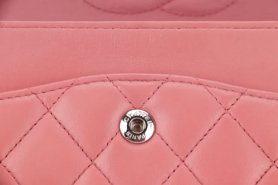 CHANEL FLAP MEDIUM (1632xxxx) PINK LAMBSKIN LEATHER SILVER HARDWARE WITH CARD, DUST COVER AND BOX