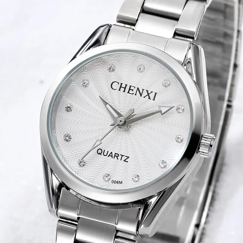 CHENXI Ladies Quartz Wristwatch Round Pink Rhinestone Dial Brand Female Waterproof Stainless Steel Watch Women Dress watches