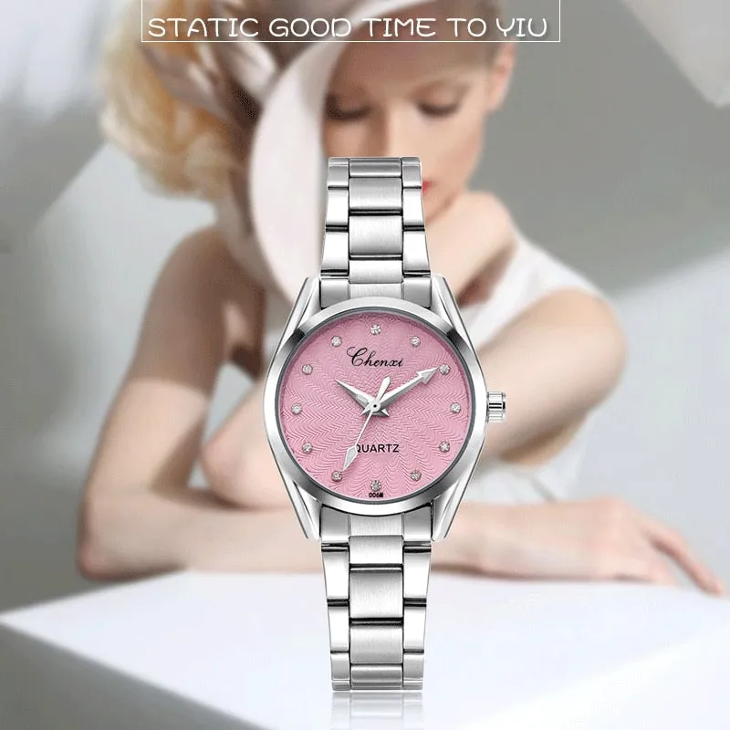 CHENXI Ladies Quartz Wristwatch Round Pink Rhinestone Dial Brand Female Waterproof Stainless Steel Watch Women Dress watches