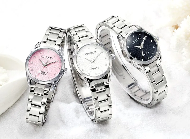 CHENXI Ladies Quartz Wristwatch Round Pink Rhinestone Dial Brand Female Waterproof Stainless Steel Watch Women Dress watches