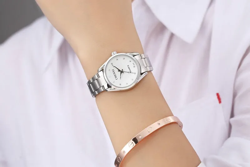 CHENXI Ladies Quartz Wristwatch Round Pink Rhinestone Dial Brand Female Waterproof Stainless Steel Watch Women Dress watches
