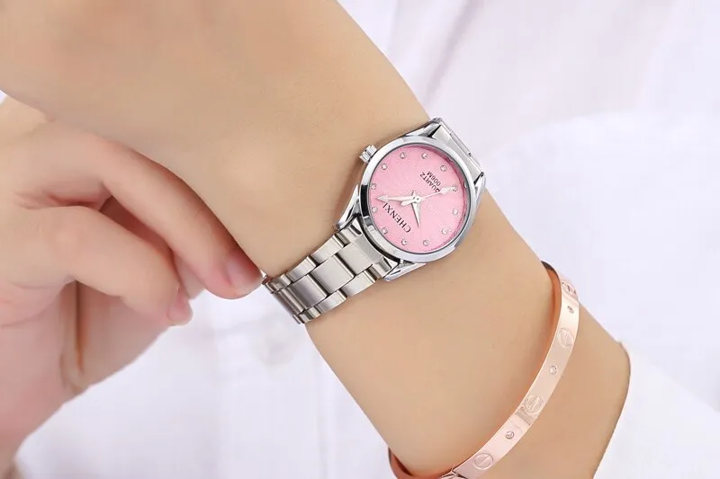 CHENXI Ladies Quartz Wristwatch Round Pink Rhinestone Dial Brand Female Waterproof Stainless Steel Watch Women Dress watches