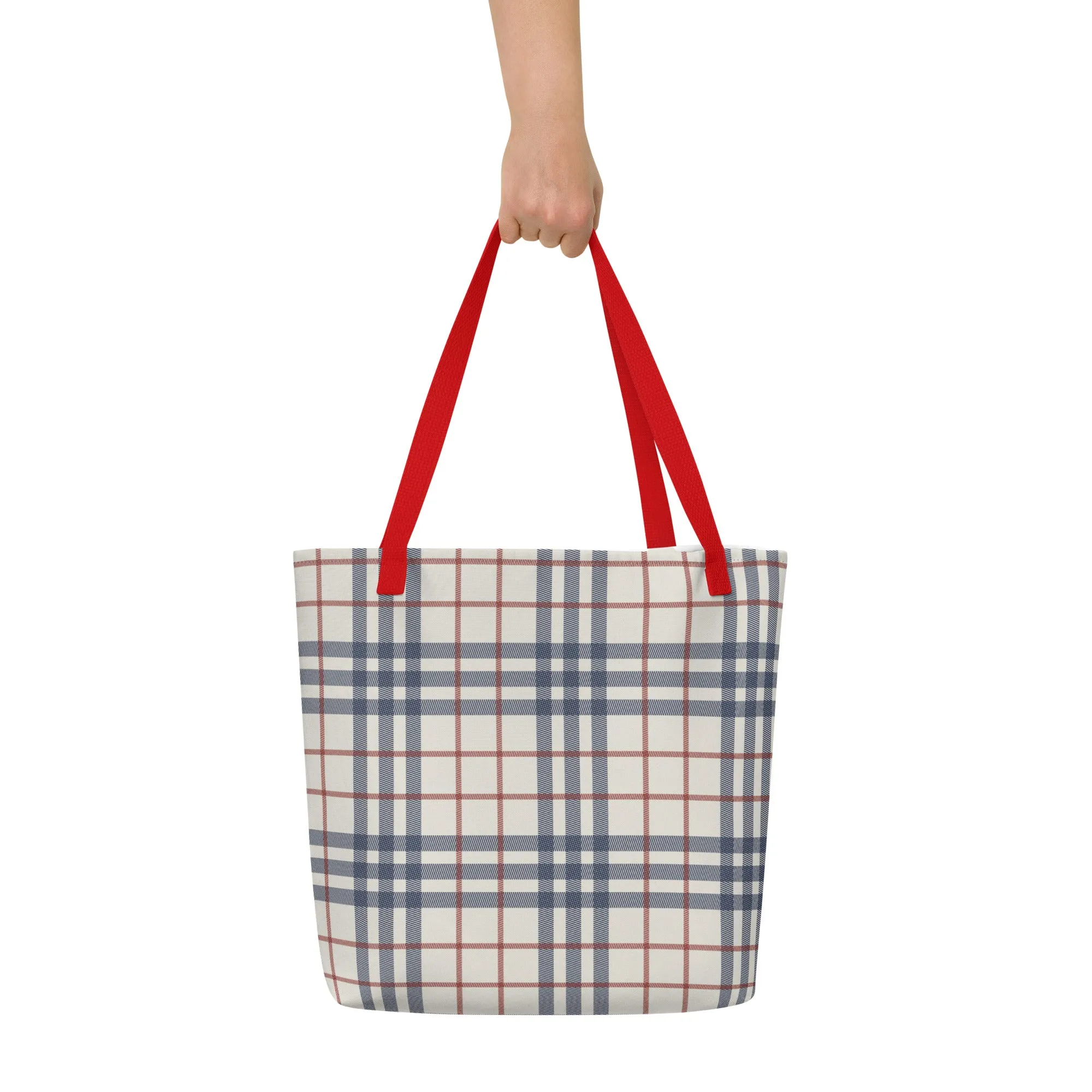 Cream, Red & Navy Plaid Large Tote Bag