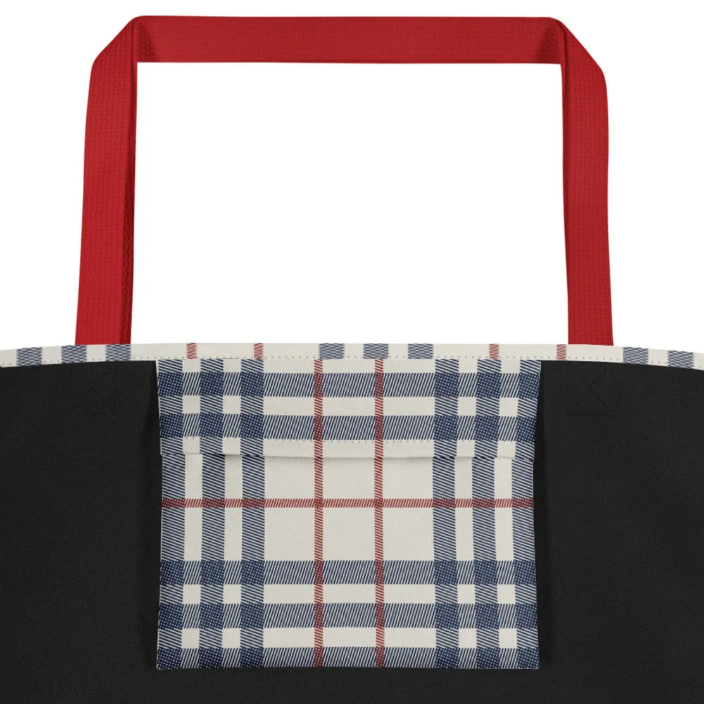 Cream, Red & Navy Plaid Large Tote Bag
