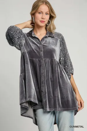 Daniela Velvet Tunic Dress with Sequin Sleeves - Gunmetal