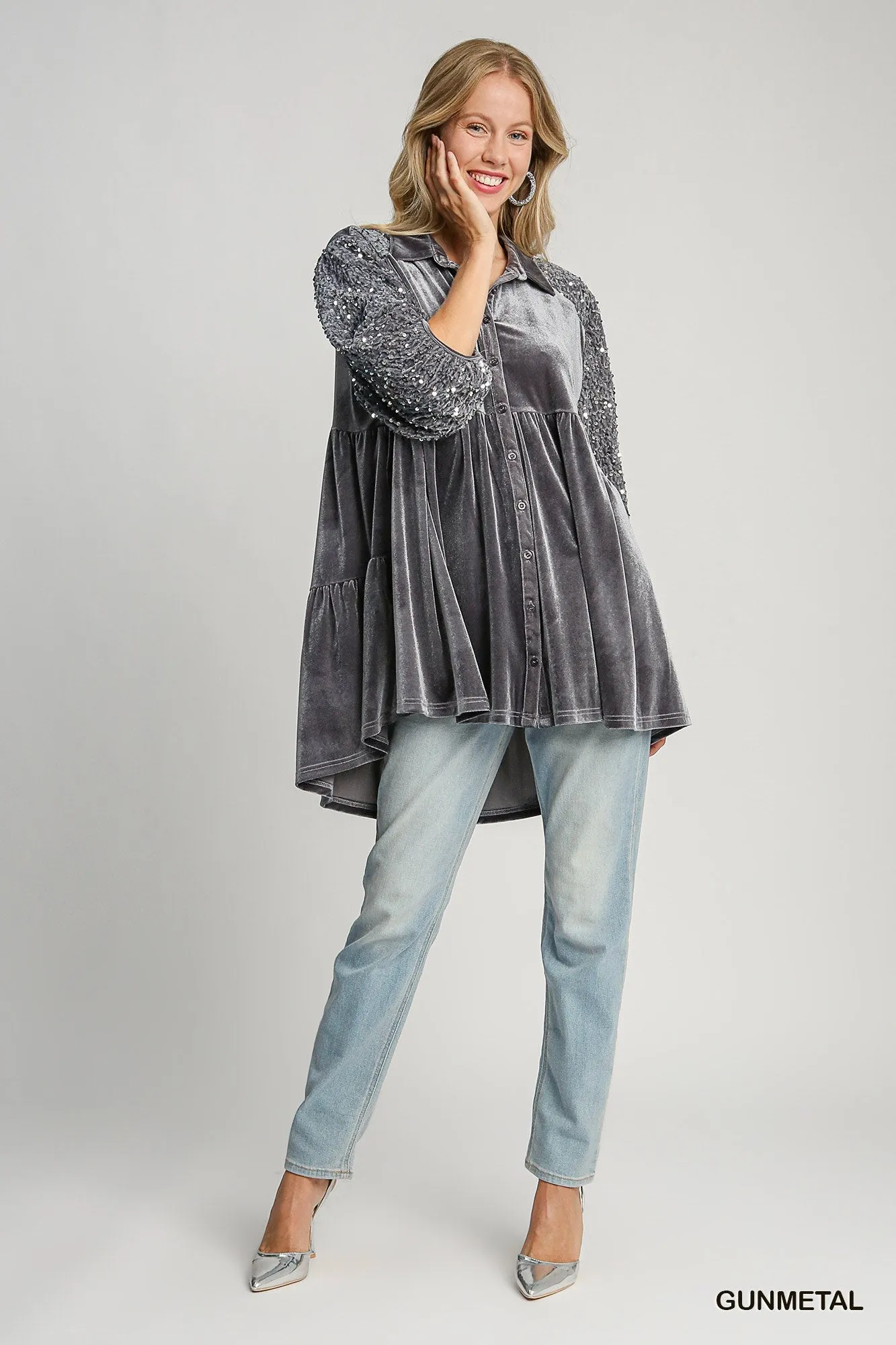 Daniela Velvet Tunic Dress with Sequin Sleeves - Gunmetal