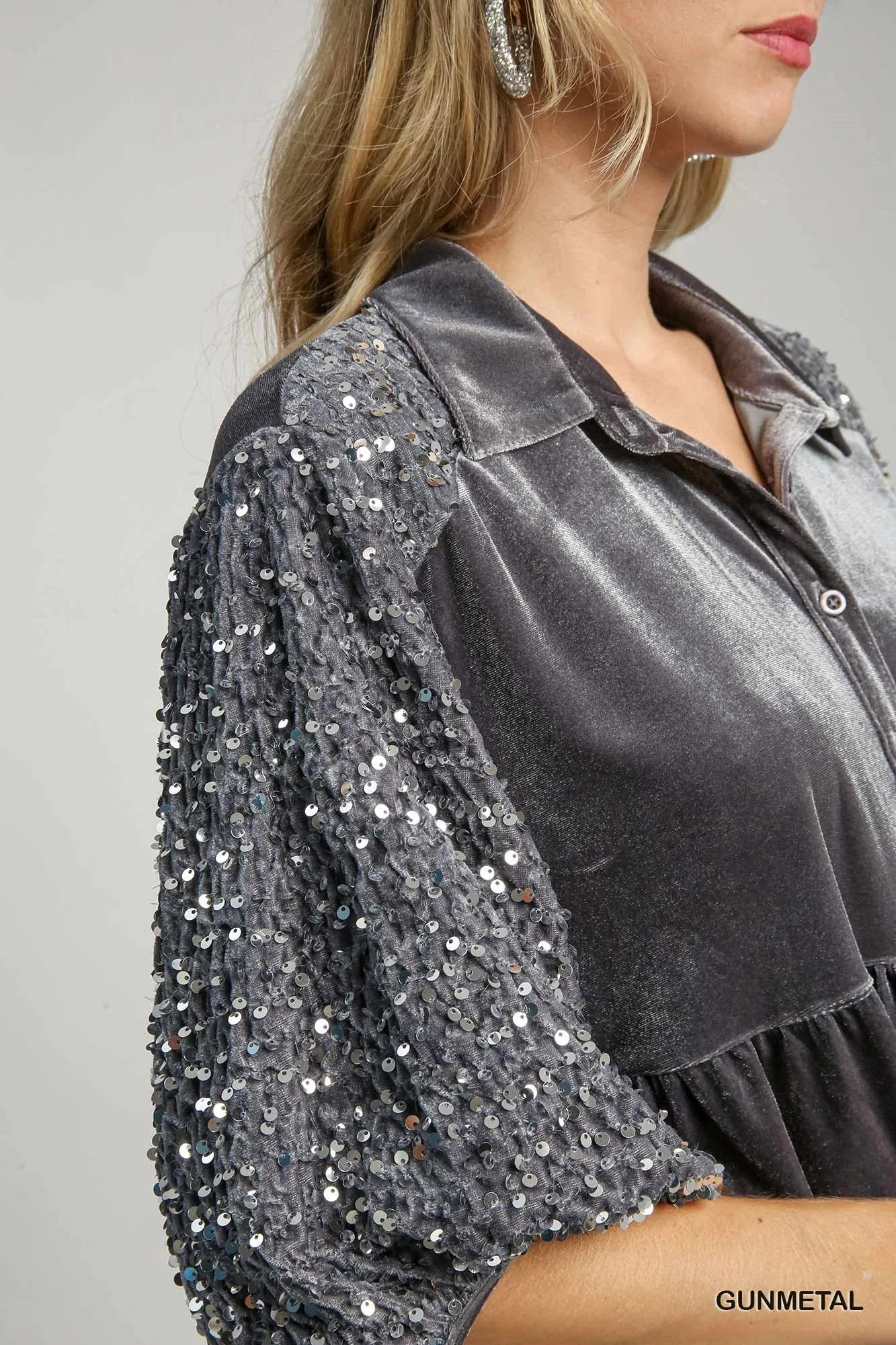 Daniela Velvet Tunic Dress with Sequin Sleeves - Gunmetal