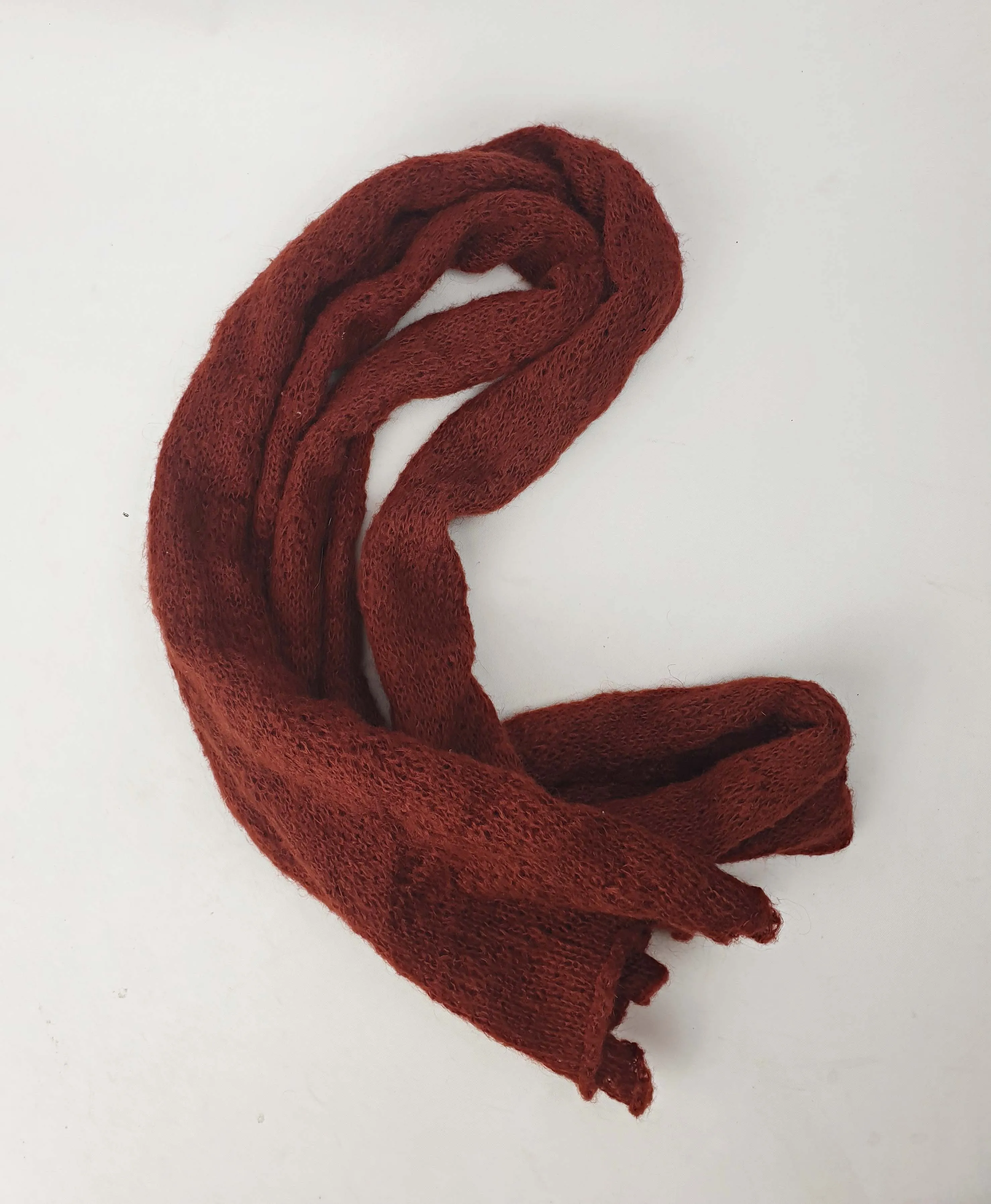 Deep red wool knit thin scarf with beautiful knitt pattern