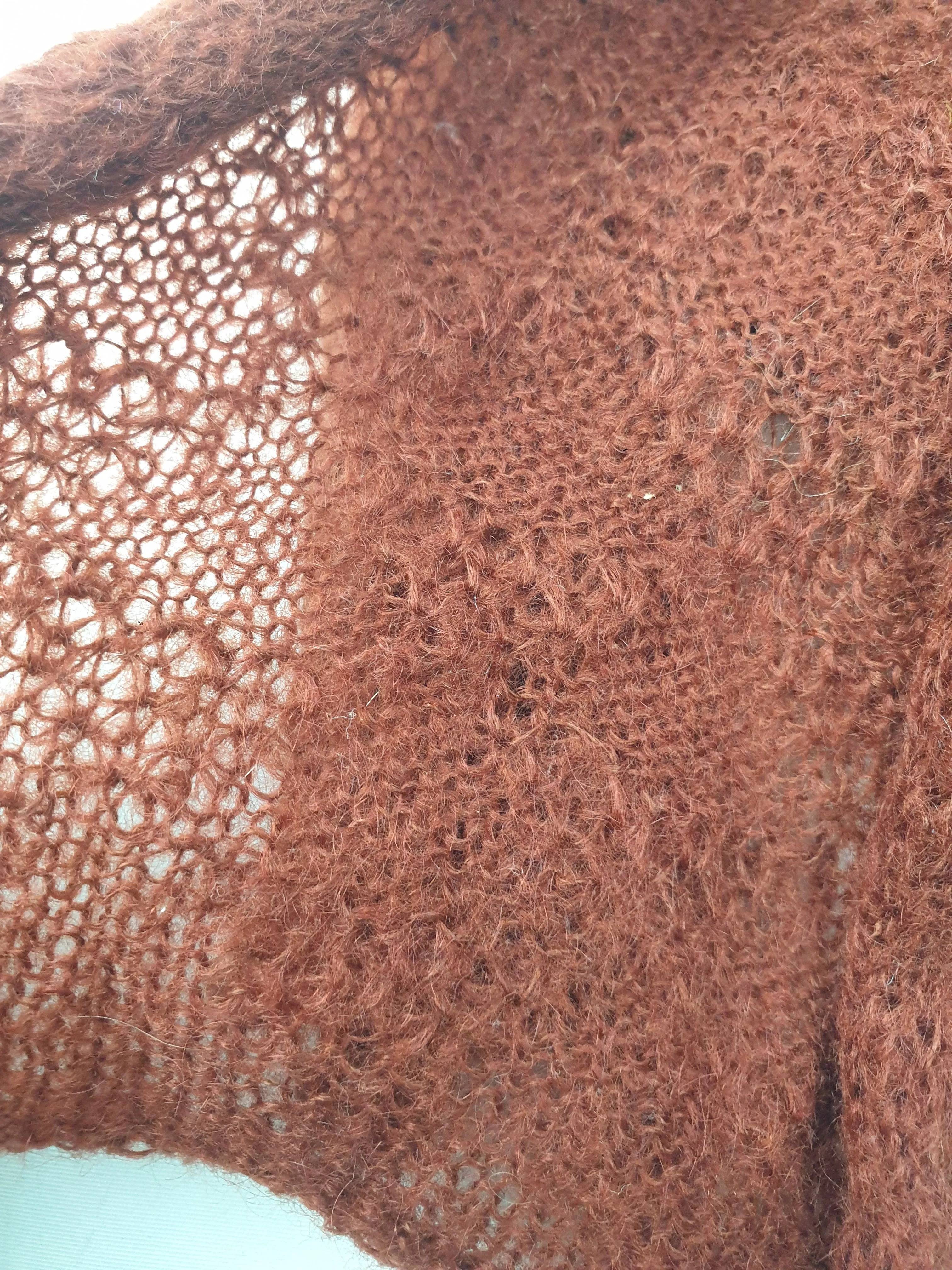 Deep red wool knit thin scarf with beautiful knitt pattern