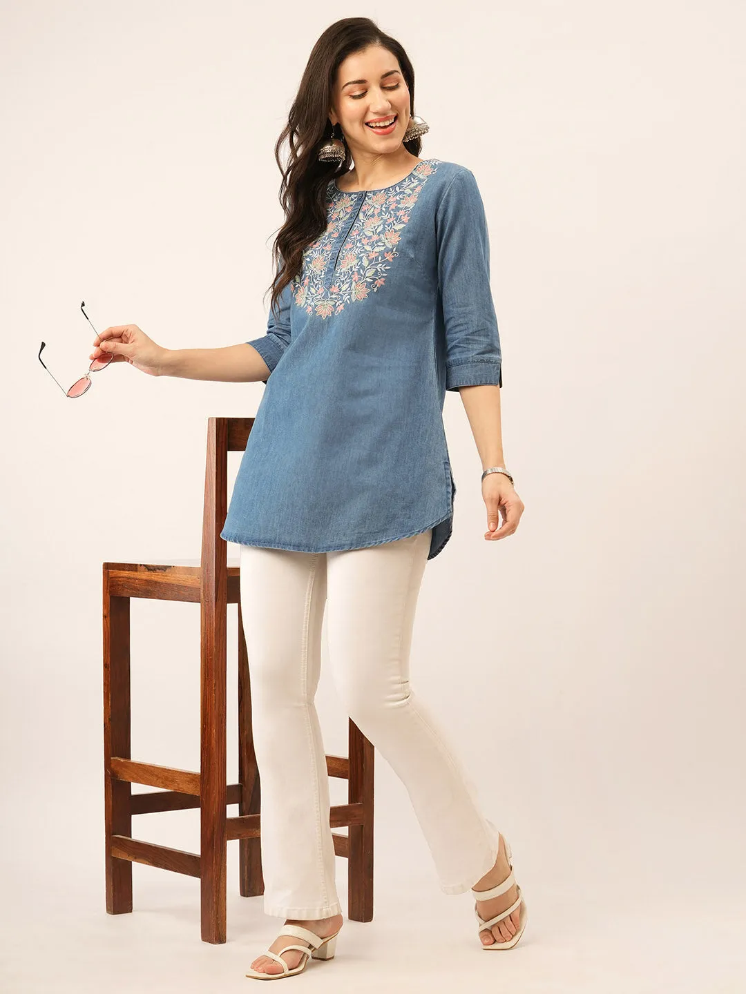 Denim Tunics - Buy Stone Round Neck Straight Denim Tunic for Women Online - Zola