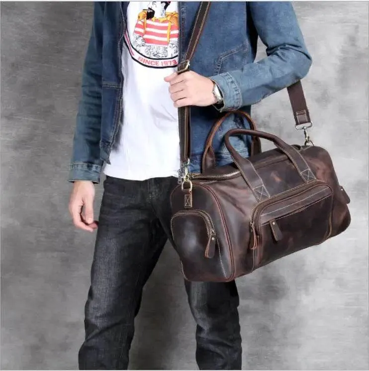 Designer Business Travel Leather Duffle Bag for Men Outdoor Coffee