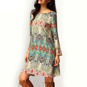 Fashion Summer Vintage Ethnic Dress Women Boho Floral Printed Casual Beach Dresses Loose Sundress
